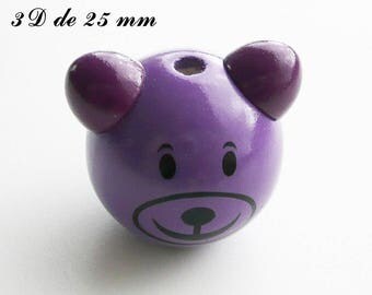 25 mm wooden bead, Pearl 3D Teddy bear head: purple