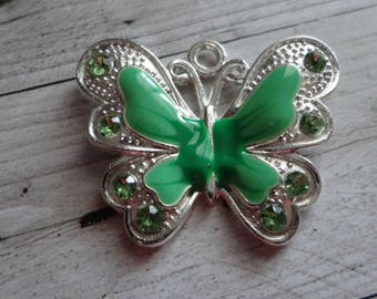 Great 29.5x34.5 mm Green enamel silver Butterfly charm