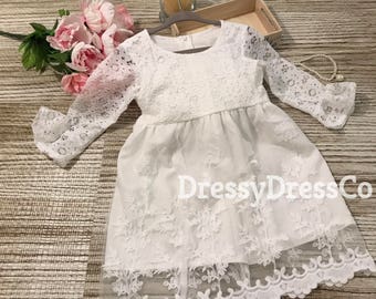 Flower Girl Dress, Three quarter length long sleeve, Ivory Toddle dress