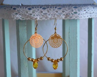 Gold filigree hoops and yellow Swarovski drop
