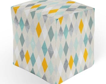 Mint Green Gold Pouf Diamond Geometric Pattern Cool Chic Ottoman Heather Gray Home Decor