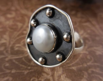 Natural freshwater pearl sterling silver ring - size 8.5