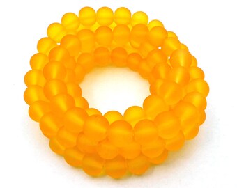 50 Golden Yellow Matte Sea Glass Beads 8mm frosted beach glass round light yellow-orange (H5025)