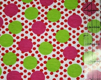 Sale Lime green and Hot pink Dots on White polkadots Cotton Lycra Knit Fabric 1 yard plus