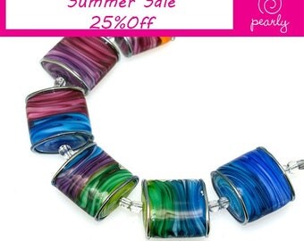 Pearly (6) colorful gradient and metallic pillow lampwork beads with SRA Made to order