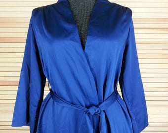 Vintage 70s blue wrap robe with waist tie polyester satin size S small chest 42+ Blanche by Ralph Montenero