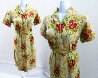 Vintage 50s Dress Size M Taupe Red Floral Linen Hopsack Rockabilly Wiggle Day