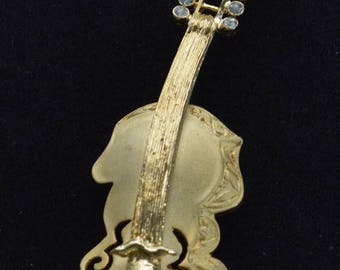 ON SALE Pretty Vintage Brushed Gold tone Cello Instrument Brooch, Rhinestones, "Tona" (K14)