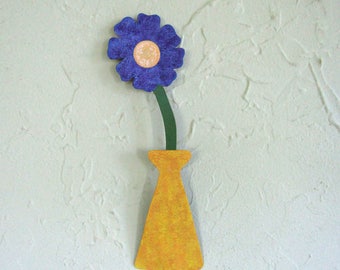 Metal Wall Art Flower Sculpture Yellow Blue Recycled Metal Floral Decor Indoor Outdoor Kitchen Bathroom Wall Art 3 x 9