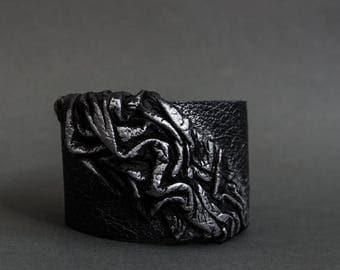 50% OFF SALE Silver and black leather cuff bracelet Wide wristband Statement jewelry