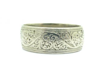 Antique Art Deco Platinum hand engraved wedding band Unique English wide wedding ring 6.3 grams *FREE SHIPPING