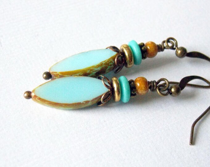 Bohemian Czech Glass Earrings Turquoise Blue Brass Beachy Boho Earrings Picasso Textured Drop Spindle Jewelry Rustic Woodland Earrings