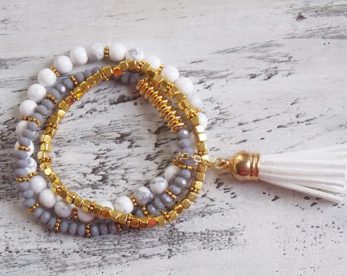 White Bohemian Bracelet Chain Tassel Multilayer Bracelet Gold Gray White Gemstone Brass Magnesite Suede Tassel Boho Set of Three Bracelets