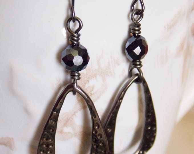 Black Dangle Earrings Gunmetal Boho Black Czech Glass Long Goth Evening Light Earrings Black Gunmetal Jewelry Gift