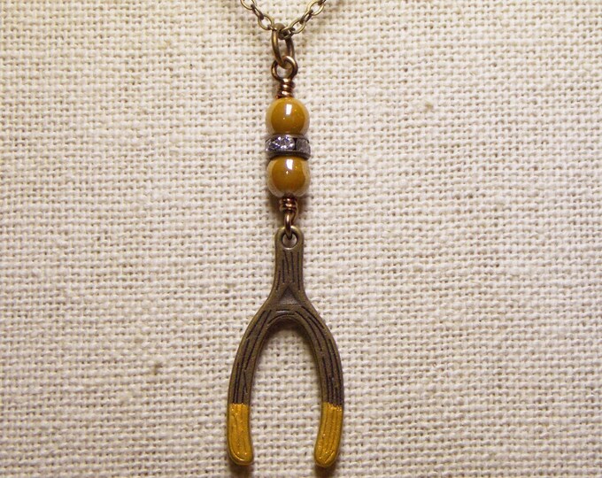 Wishbone Charm Necklace Mustard Yellow Gold Czech Glass Rhinestone Dainty Boho Layering Necklace Bohemian Minimalist Jewelry Charm Necklace