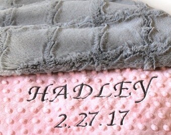 SALE Minky Girl Baby Blanket, Pink Gray Lattice Personalized Baby Blanket - Nursery Decor Girl // Minky Baby Blanket // Name Baby Blanket