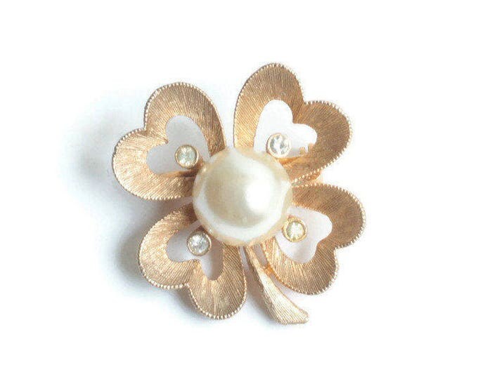 Four Leaf Clover Pin Faux Pearl Clear Rhinestones Signed JJ Gold Tone Smaller Vintage Pin