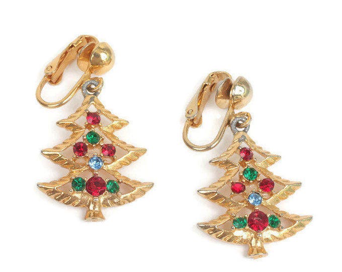 Christmas Tree Dangle Earrings Multi Color Rhinestones Clip On Gold Tone Vintage