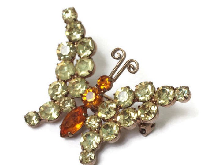 Yellow Rhinestone Butterfly Pin Orange Stones Smaller Brooch Vintage