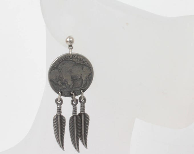 Buffalo Nickel Style Earrings Feather Dangles Simulated Coin Jewelry Silver Tone Vintage