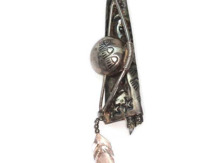 Native American Sterling Brooch Hunting Bow and Quiver of Arrows Symbols Stars Feather Vintage
