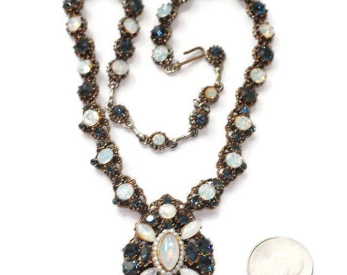 Blue Rhinestone Opalescent Stone Necklace Unsigned Weiss Fancy Setting Antiqued Gold Tone