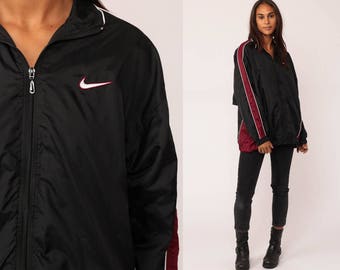 Nike Windbreaker Jacket 90s Nylon Shell Zip Jacket Striped Streetwear Black Burgundy Vintage 1990s Retro Sports Medium Large