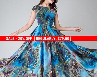 blue floral dress, blue party dress,floral evening gown,Maxi dress ,chiffon dress, women dresses, long dress, Prom dress, cap sleeve (1520)