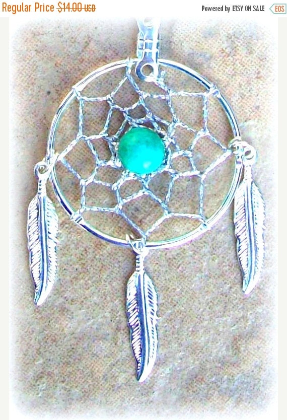 SALE Dream catcher necklace in silver with Turquoise and three