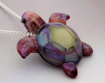 Turtle Blown Glass Sea Turtle Pendant, Borosilicate, Trippy Glass Pendant, Lampwork Focal Bead, Choice of Necklace Free(T7257C)