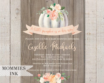 Pumpkin Invitation, Little Pumpkin Baby Shower Invitation, Peach Flower Invitation, Pumpkin Invite, White Pumpkin Invitation, Wood Invite