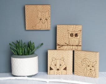 Woodland Creature Wall Blocks | Wall Art | Fox Art | Owl | Squirrel | Badger | Wall Plaque