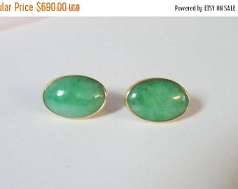 For Sale Vintage Estate 1930's 9KT Gold Mount Apple Green Jade Earrings with 14K Posts and Backings