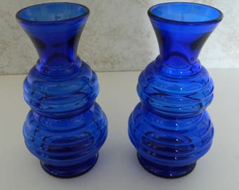 Cobalt Blue Vintage Vases Horizontal Ribbed Made in USA Set of Two