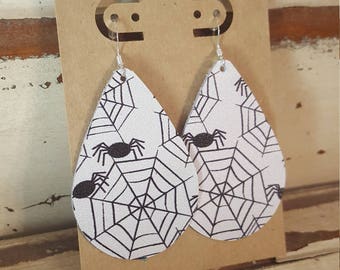 Leather Earrings, Leather Jewelry, Halloween, Spiders, Webs, Black, White, Statement Earrings, 100% Leather, Tear Drop, Lightweight, Limited