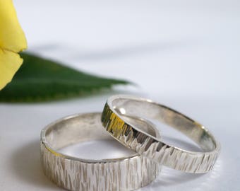 White Gold Bark Wedding Bands: A Set of his and hers 18k White Gold wedding rings