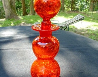 Crackle Glass Decanter. Rainbow Glass. Art Glass Decanter. Orange. Art Glass. Crackle Glass. ground stopper. 1960s. 1970s. OurVintageHouse