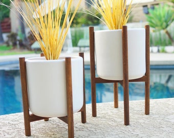 Staggered Pair of Modern Ceramic Planters & Quad Base Stands - White or Green - Mid Century Eames Era Bullet Vintage Style Pottery Walnut IP