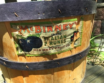 Vintage Bushel Basket with Label McBirney's Italian Prunes Split Wood