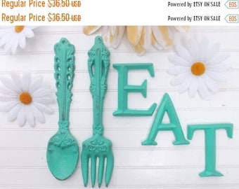 ON SALE Kitchen Wall Decor / Aquamarine / Fork and Spoon Decor / Eat Sign/ Wall Word / Shabby Chic / Shabby Chic Decor / Kitchen Wal