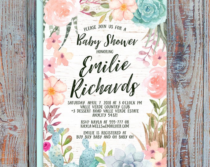 Succulents Cactus Boho Sweet Pastel Floral Baby Shower It's a Girl Printable Invitation