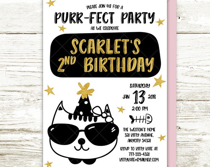 Modern Cat Party Invitation, Modern Gold Black and White Kitty Cat Birthday Party Printable Invitation, Cat Meow Kitten Themed Party Invite