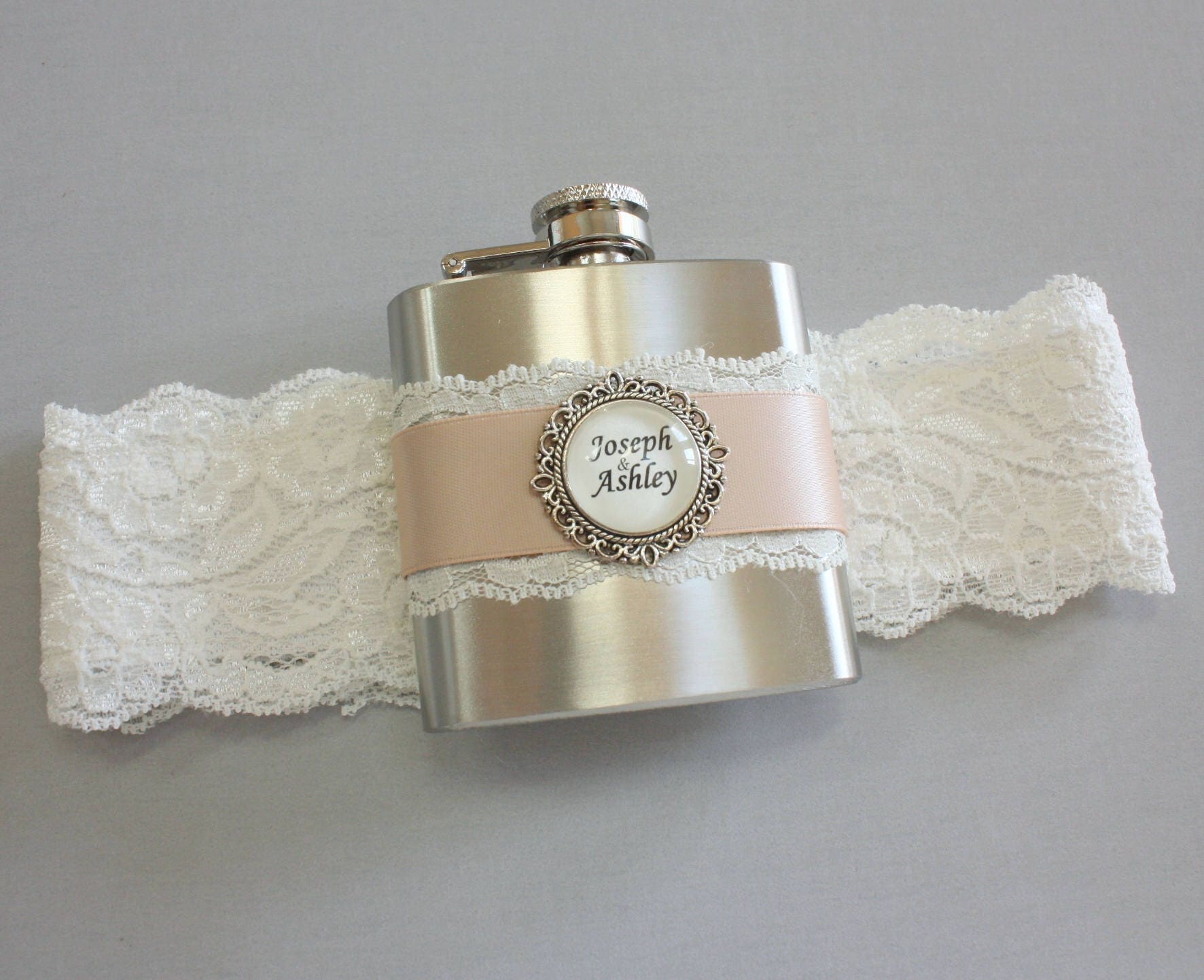 Wedding GARTER FLASK Bridal Garter in Ivory & Blush Pink