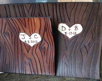 3rd Anniversary Gift - Third Anniversary - 3rd Anniversary Art - Leather Anniversary - Leather Art - Faux Bois Wood Grain Custom Initials