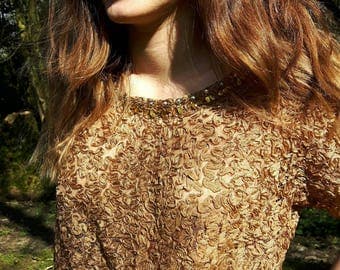 1950s Gold/Bronze Cropped Ribbon Lace Top encrusted with Jewels