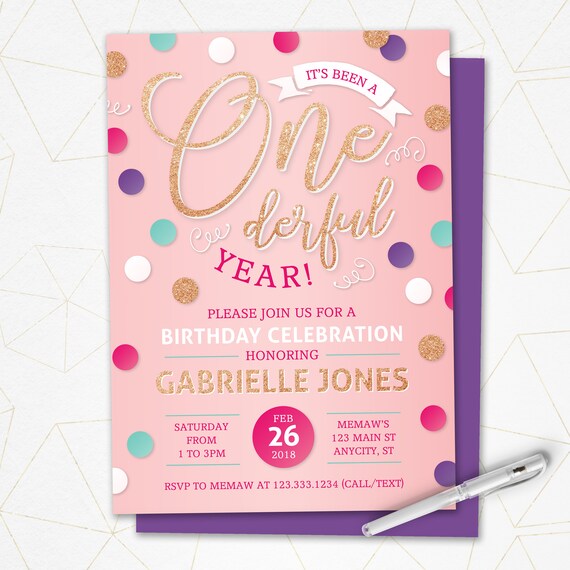 First Birthday Invitation Girl Onederful year invite