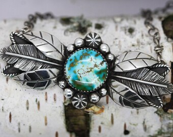 Natural Turquoise Bar Necklace. Silver Feather Necklace. Southwestern Jewelry.