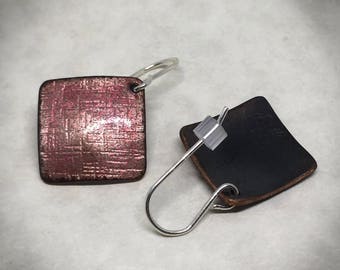 Opalescent pink enamel square earrings