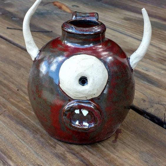 Red Pottery Face Jug or Ugly Jug NC Pottery Horned Cyclops