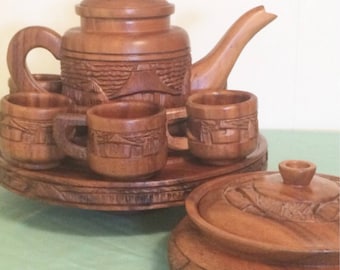 Retro Carved Wooden Coffee Or Tea Teapots With Matching Tortilla Holder/Warmer With Tray And Six Cups